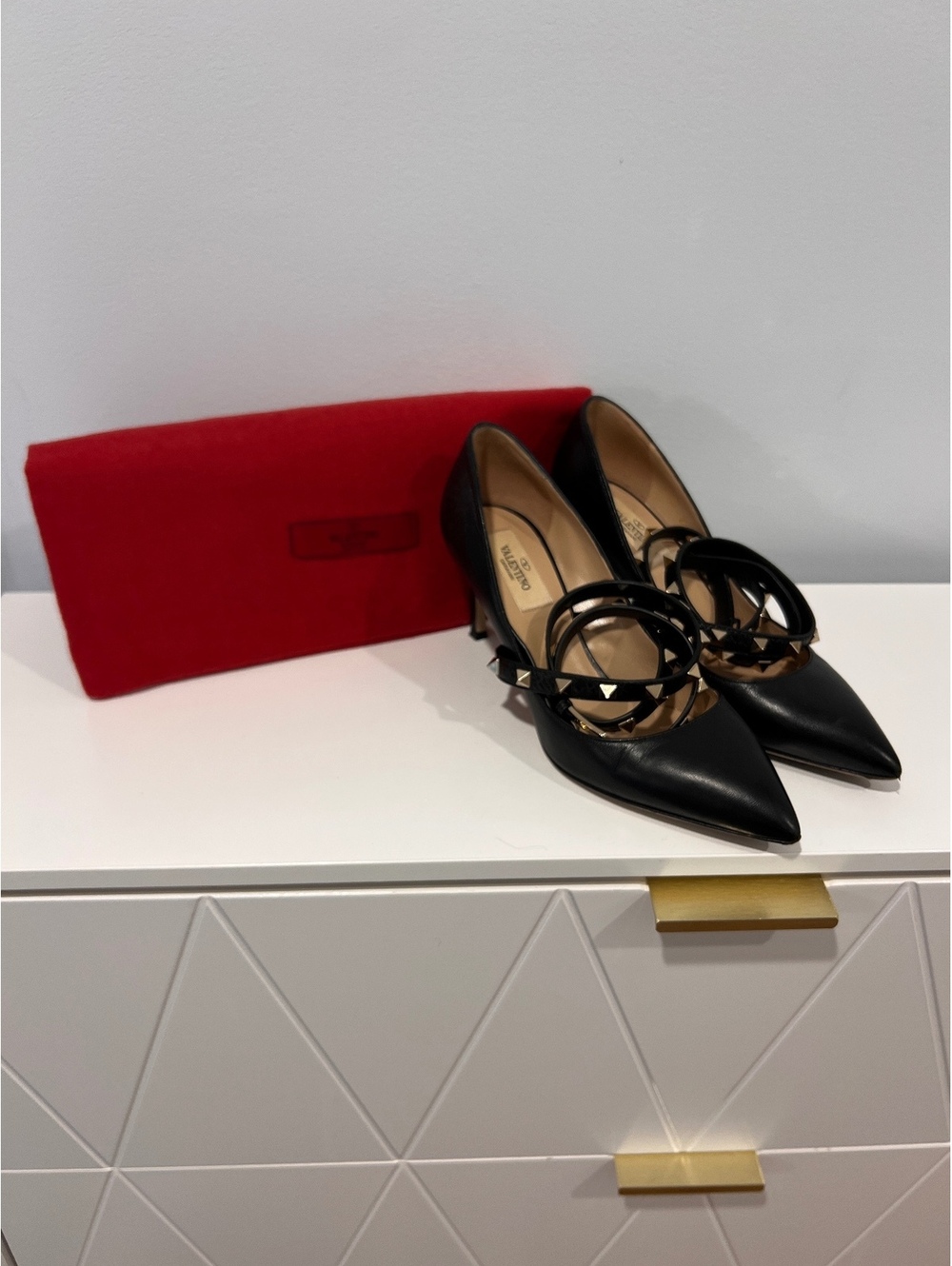 Valentino Garavani Black Leather Pointed sToe Pumps with Studded Straps Size 35